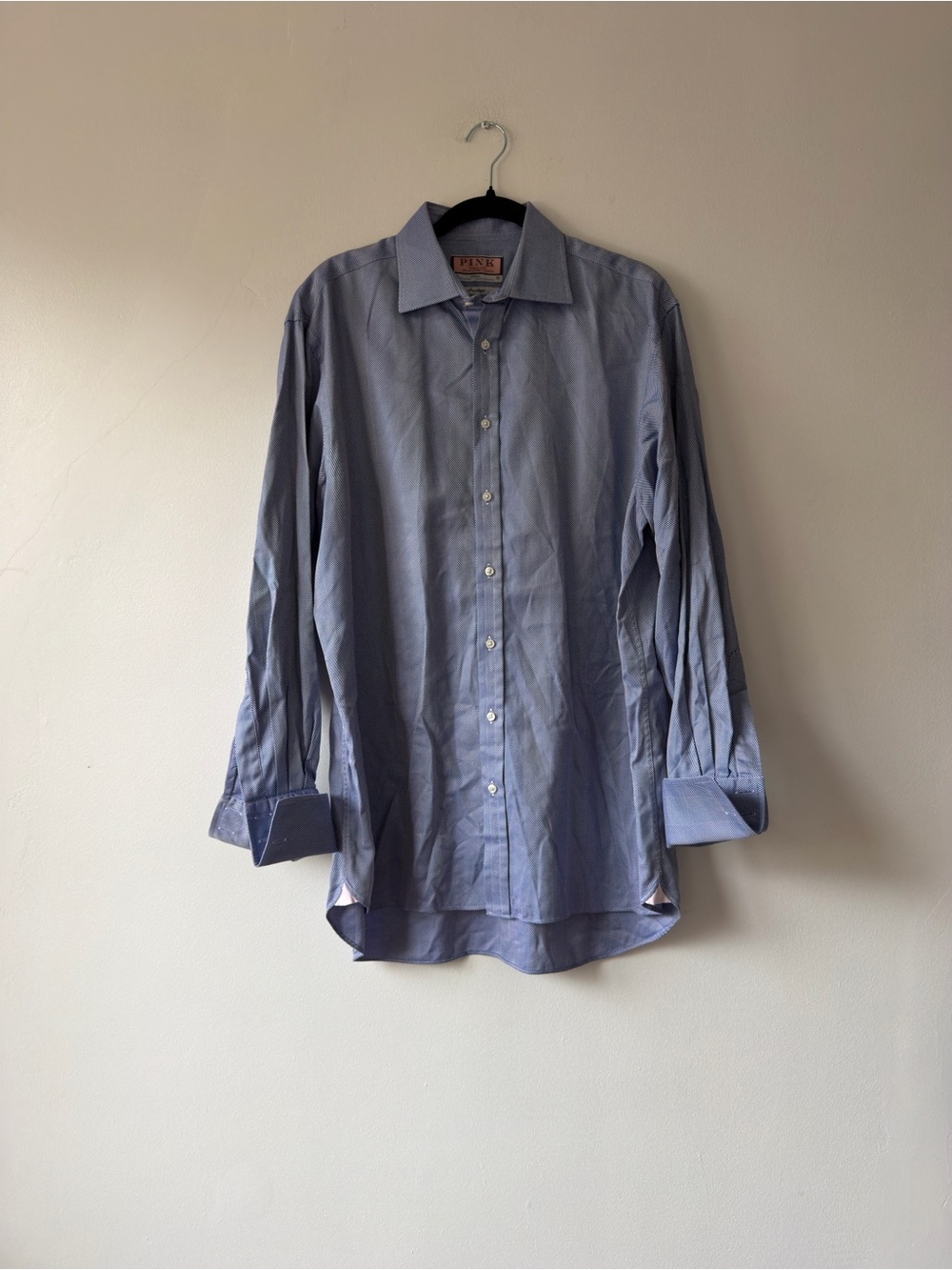 Thomas Pink Prestige‎ Dress Shirt Blue Herringbone French Cuff 16.5 35 Cotton
